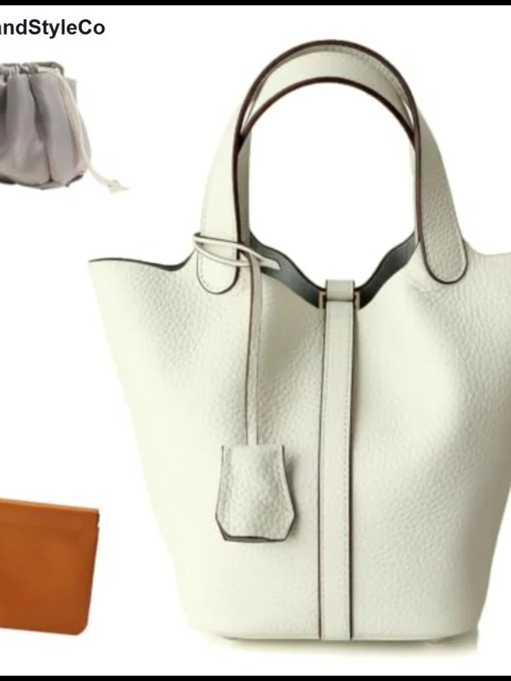 Genuine Leather Bucket Bag Satchel Handbag Detachable Pouch Gold-Tone Lock